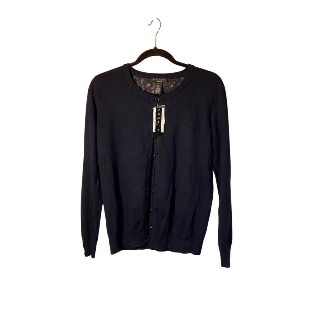 NWT Grace Women’s navy blue long sleeve lace, insert back sweater S/S